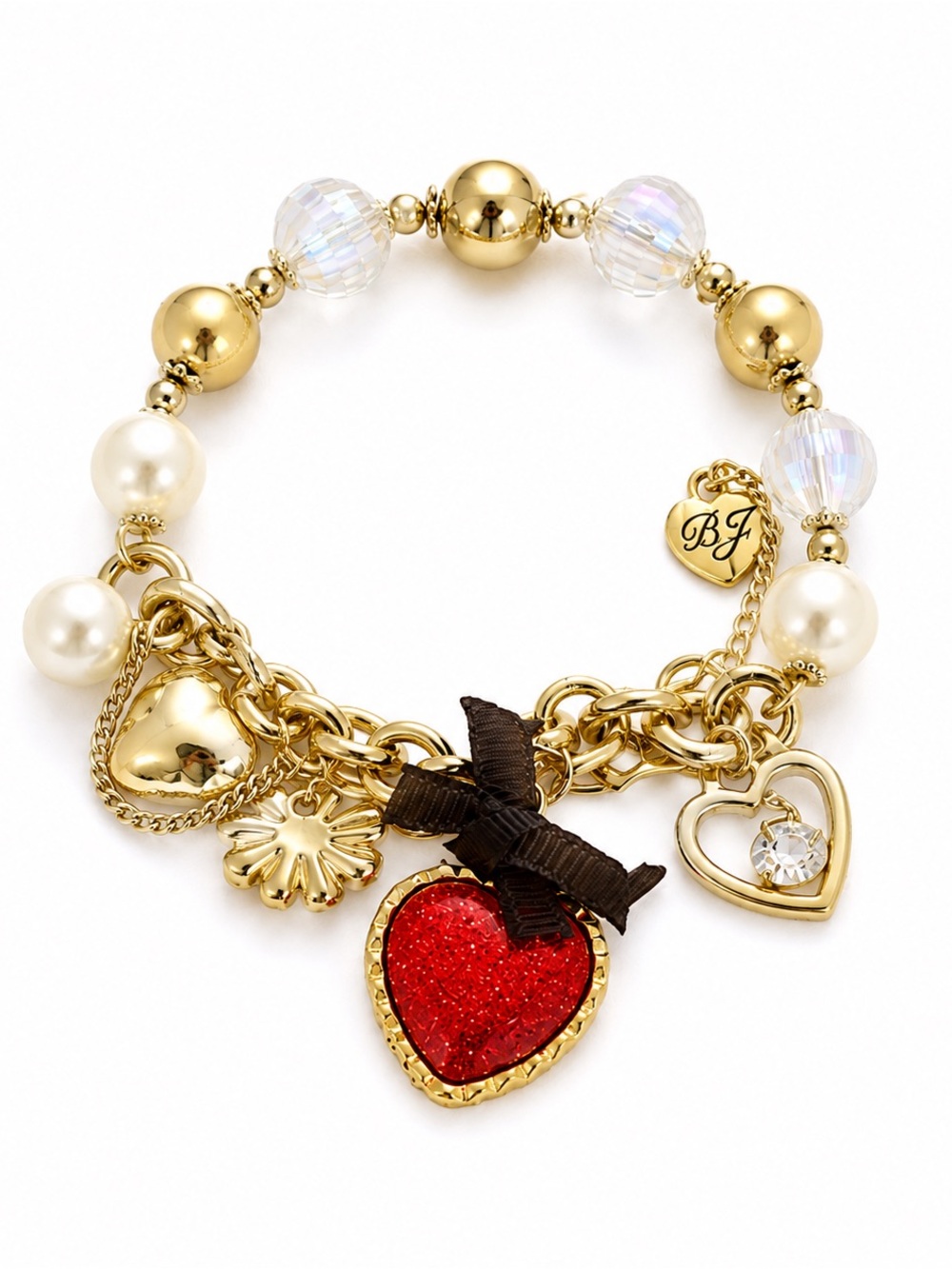 Betsey Johnson Gold Pearl Charm Bracelet with Red Heart Pendant Y2K Barbiecore